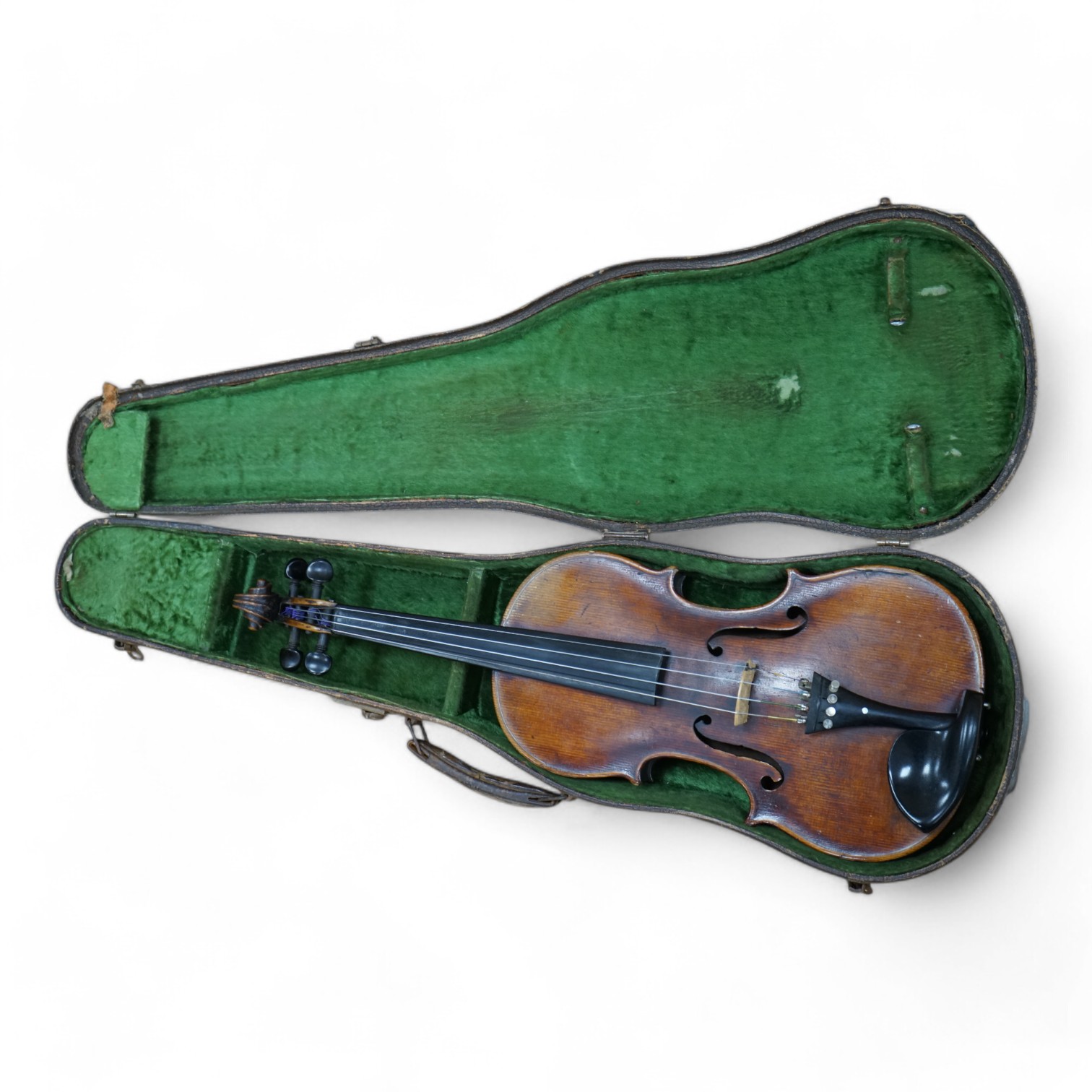 A cased 19th century English violin, with label reading George Craske, Fecit 1842, Edward Crompton, 54, Barton Arcade, Deansgate, Manchester, body length 36cm. Condition - fair to good.